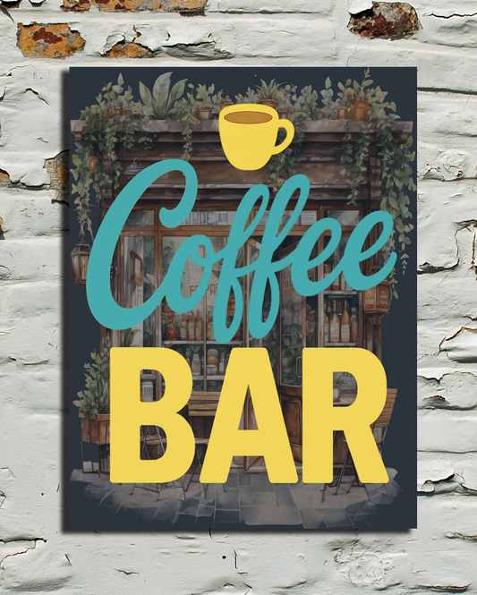 Decorative sign with 'Coffee Bar' text on a textured wall background
