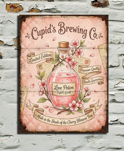 Decorative valentines sign for 'Cupid's Brewing Co.' on a textured wall.