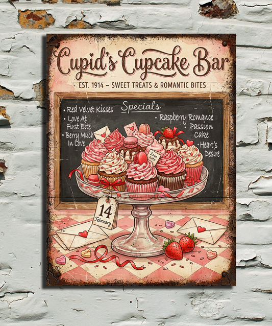 Decorative sign for Cupid's Cupcake Bar on a textured wall.