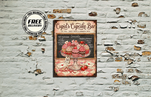 Cupid's Cupcake Bar Vintage Look Valentines Metal Sign plaque