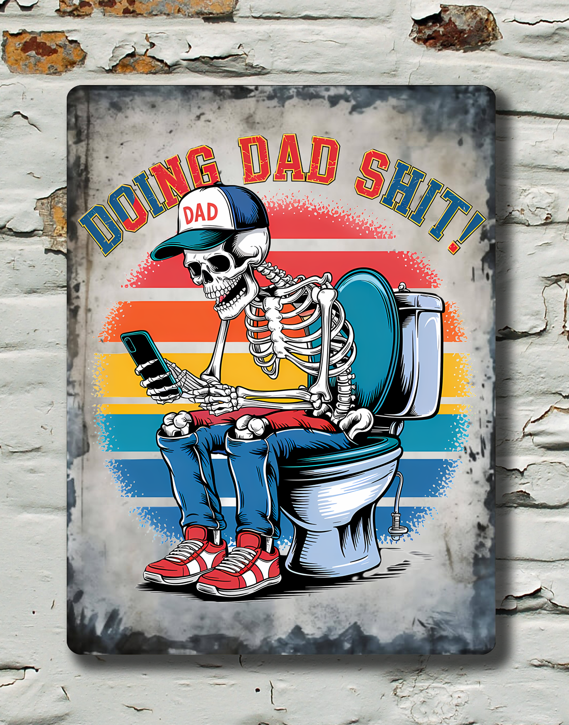 Skeletal figure on a toilet with text 'Dad Sh*t' on a distressed brick wall background