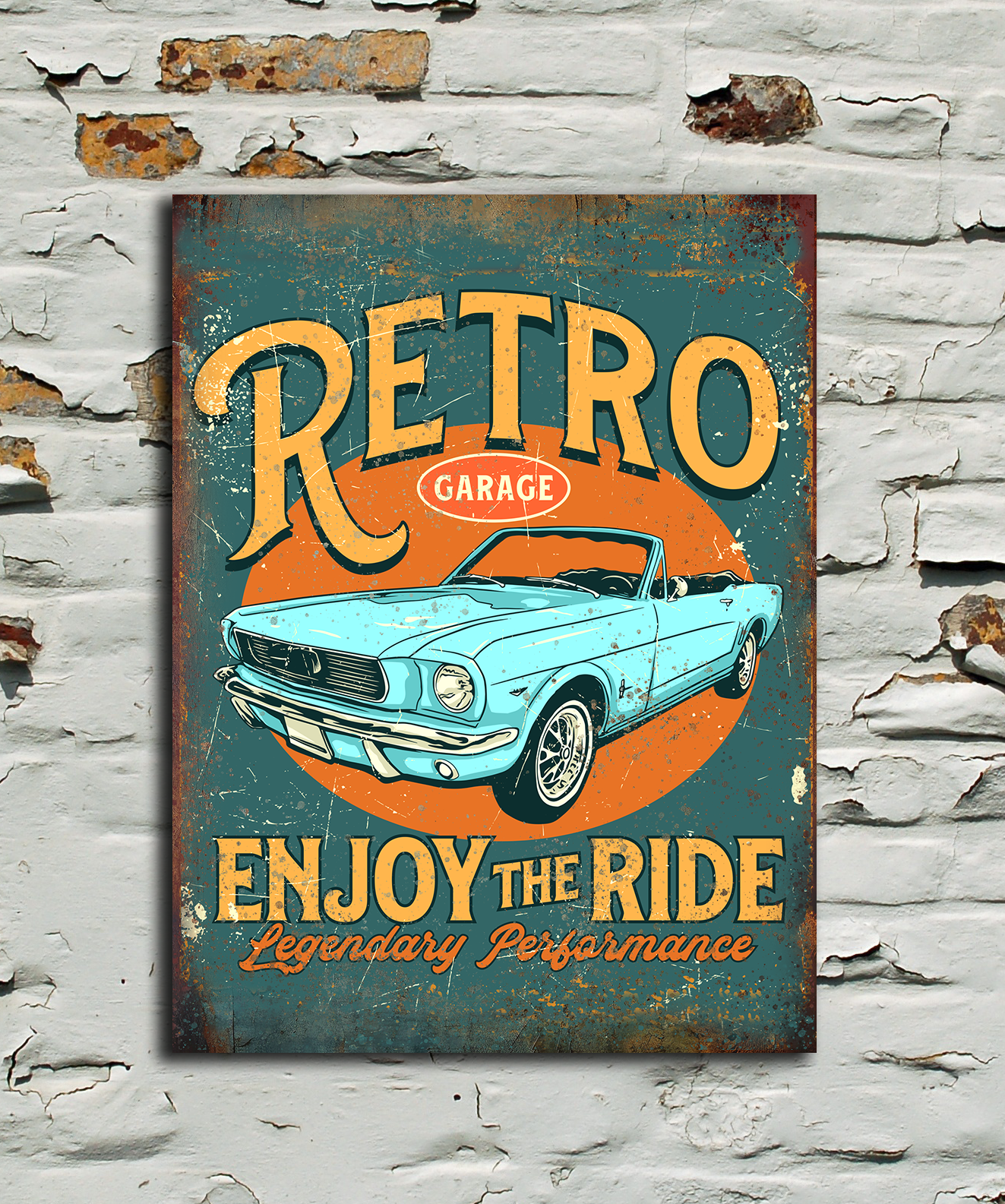 Vintage-style sign with a car graphic and text on a textured wall background