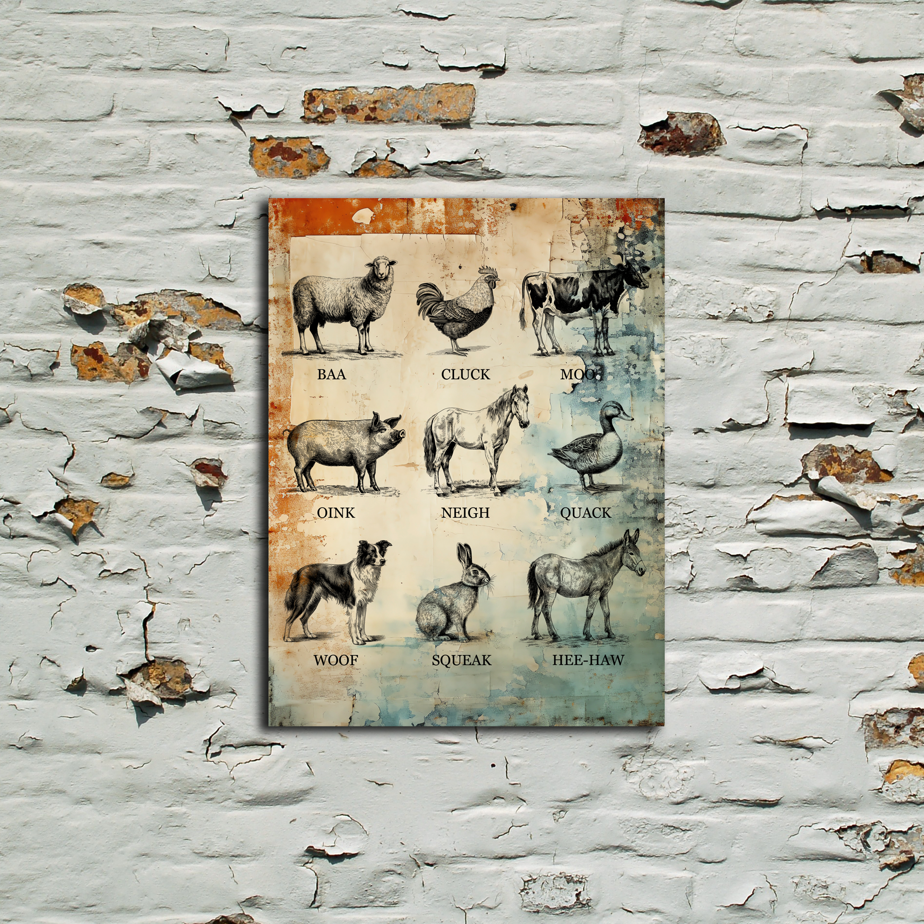 Decorative poster with animal illustrations on a textured wall.