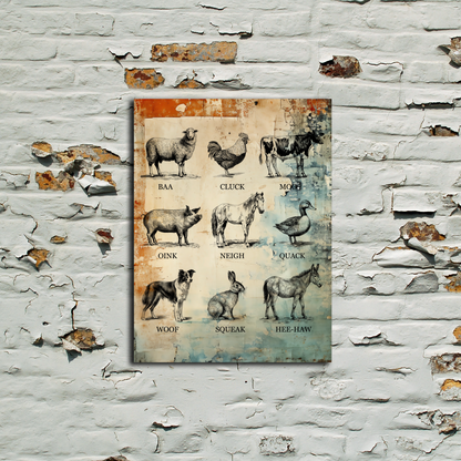 Decorative poster with animal illustrations on a textured wall.