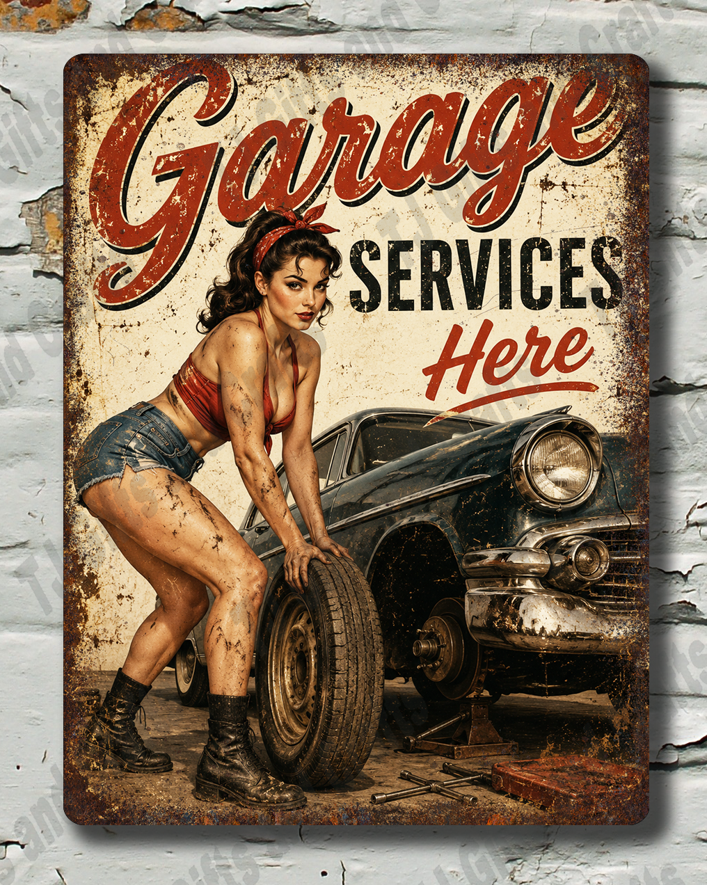 Vintage-style 'Garage Services Here' sign with a woman changing a tire on a rustic brick wall.