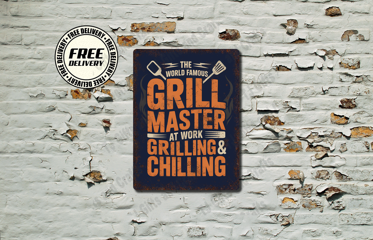 BBQ The World Famous Grill Master At Work metal sign
