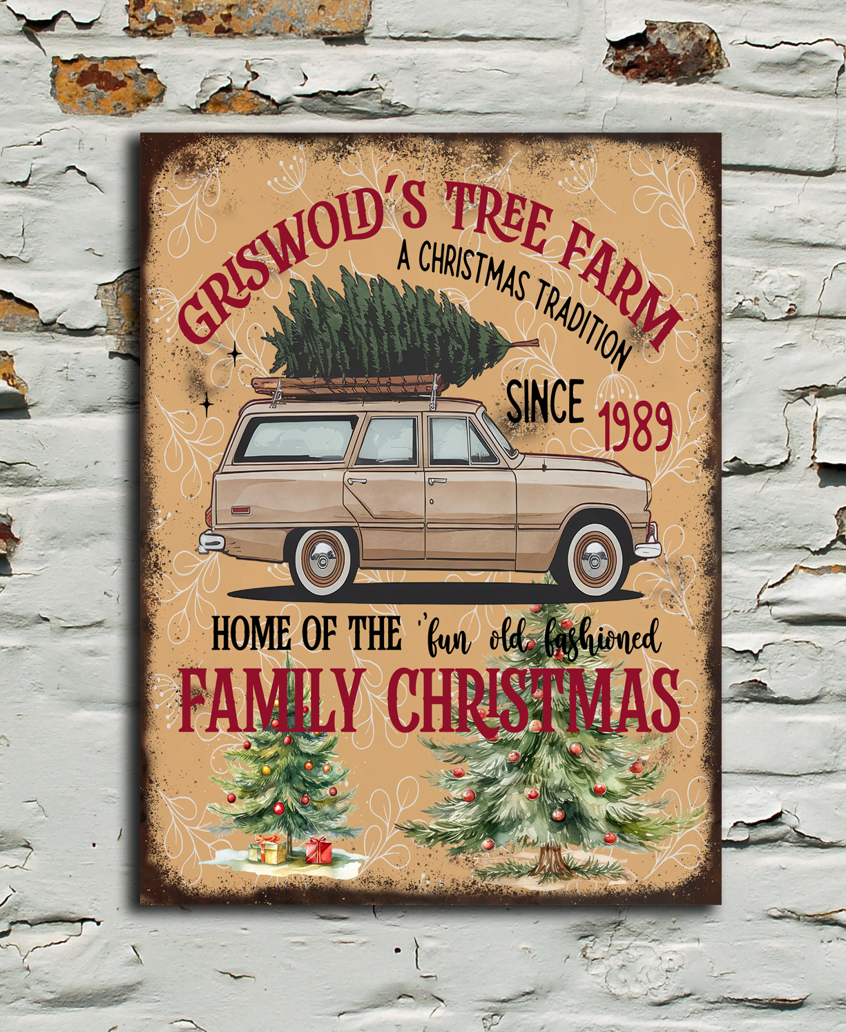Decorative sign with Griswold's vintage car and Christmas tree design on a textured wall.