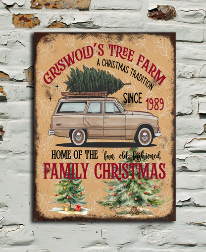 Decorative sign with Griswold's vintage car and Christmas tree design on a textured wall.