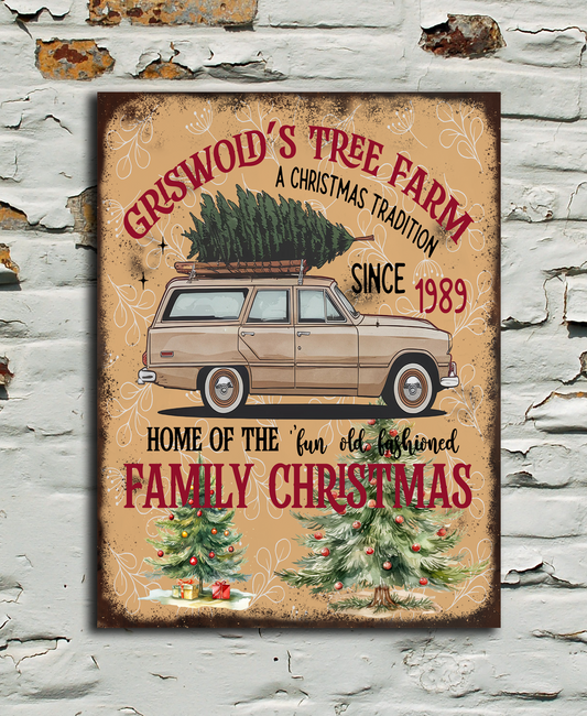 Decorative sign with Griswold's vintage car and Christmas tree design on a textured wall.