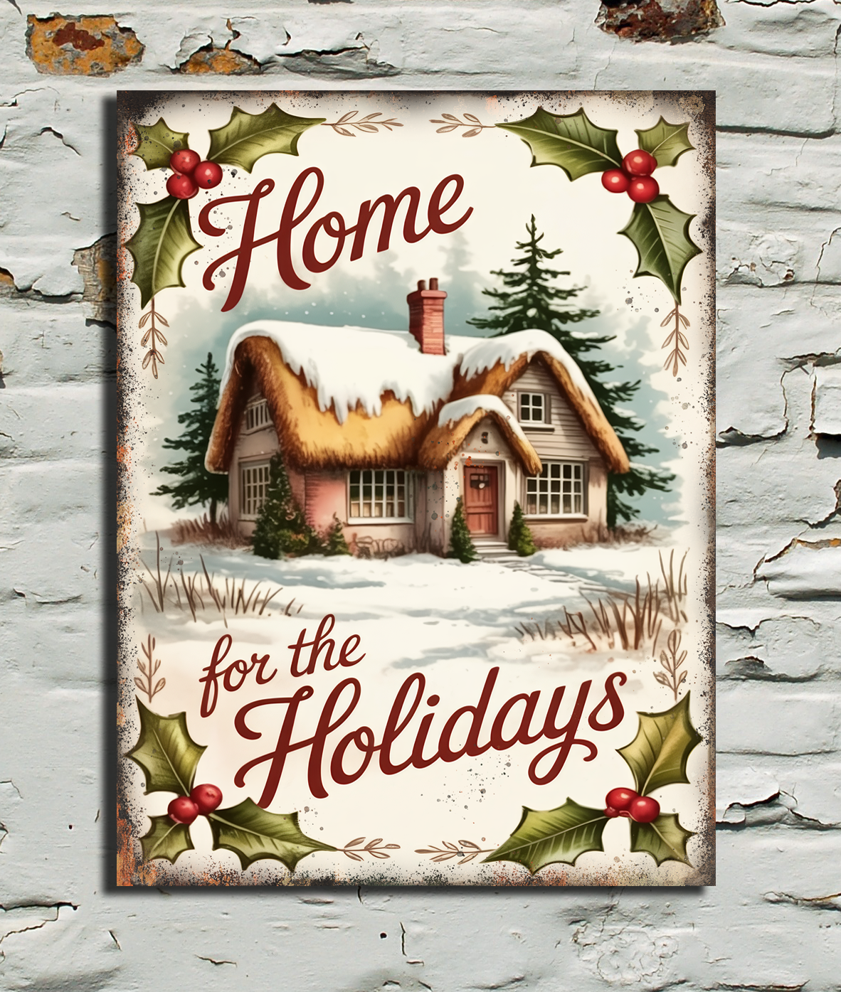 snowy house on metal wall sign