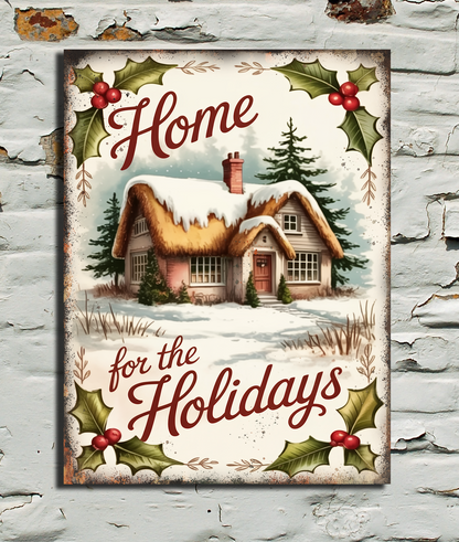 snowy house on metal wall sign
