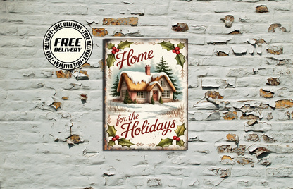 vintage style metal sign of snowy house