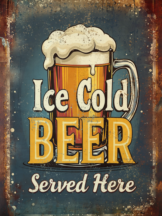 Retro Style "Ice Cold Beer Served Here" Decorative Vintage Metal Sign, Pub, Bar