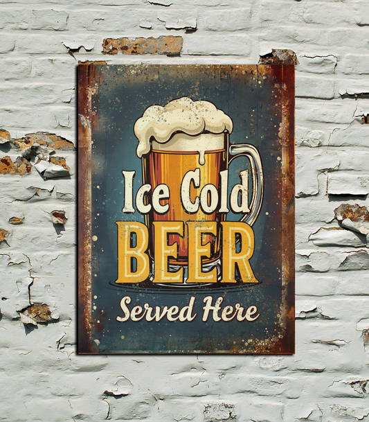 Vintage-style sign with 'Ice Cold Beer Served Here' text on a textured wall background