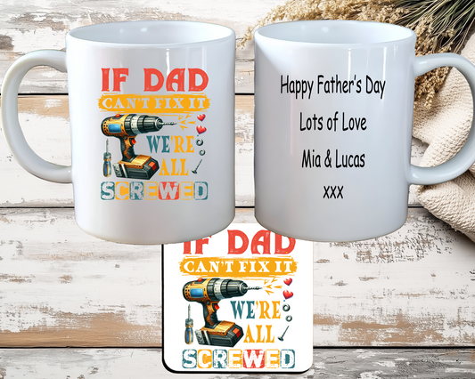Personalised Father's Day Mug & Coaster, If Dad Can't Fix It, with Gift Box