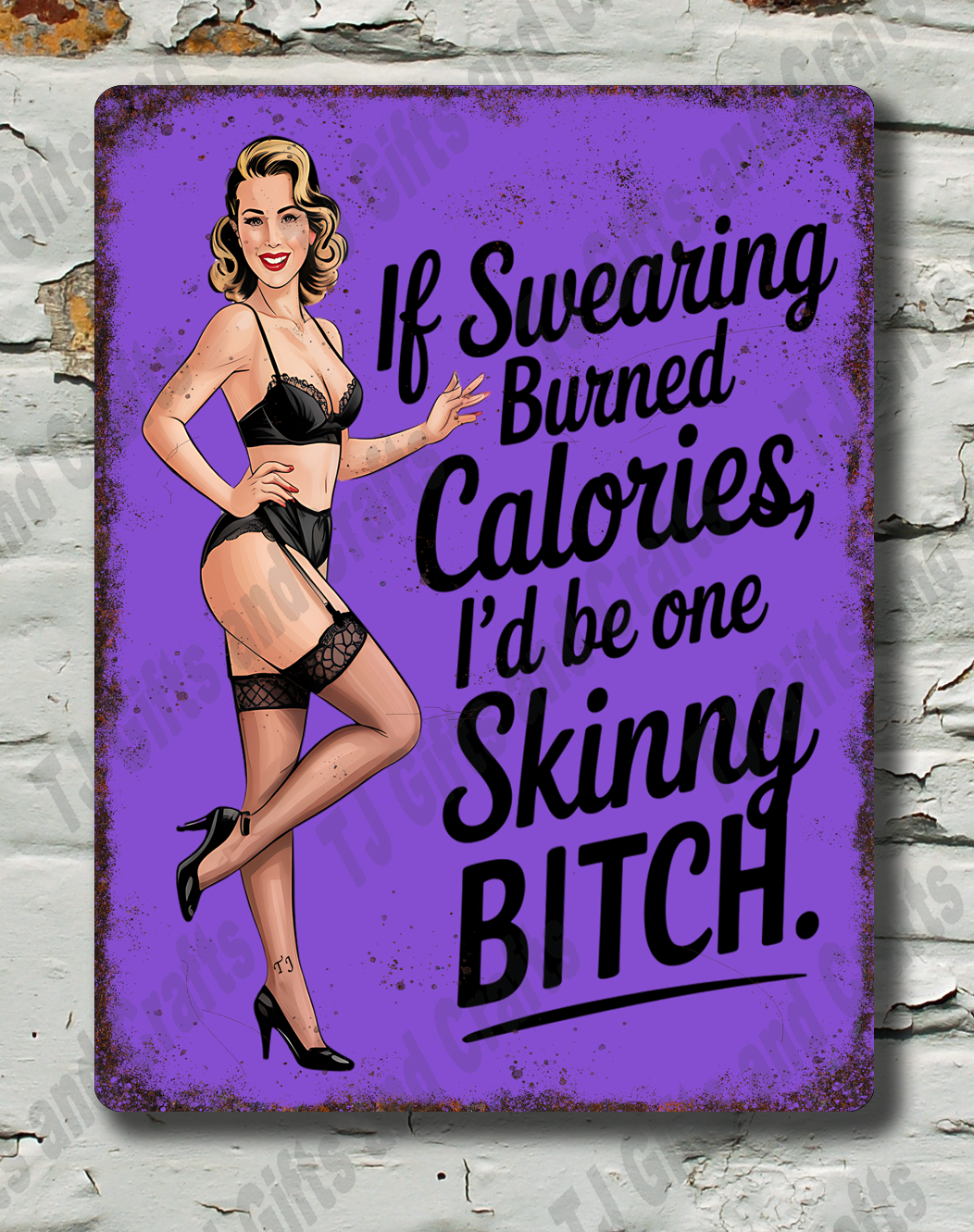 Purple sign with a graphic of a woman and text on a textured wall background