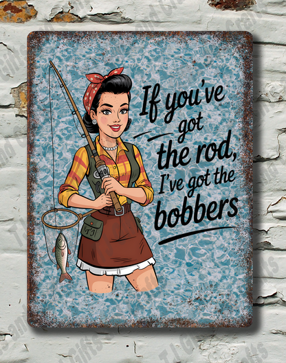 Decorative sign with a fishing-themed illustration and text on a textured wall background
