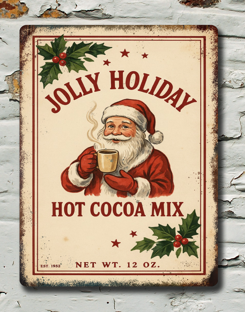 A rectangular vintage-style metal sign reading 'Jolly Holiday Hot Cocoa Mix' with an illustration of Santa holding a mug, mounted on a distressed white brick wall.