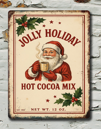 A rectangular vintage-style metal sign reading 'Jolly Holiday Hot Cocoa Mix' with an illustration of Santa holding a mug, mounted on a distressed white brick wall.