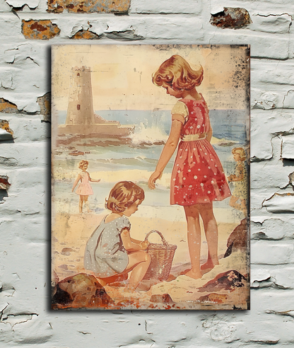 Vintage-style painting of two children playing on a beach against a textured wall.