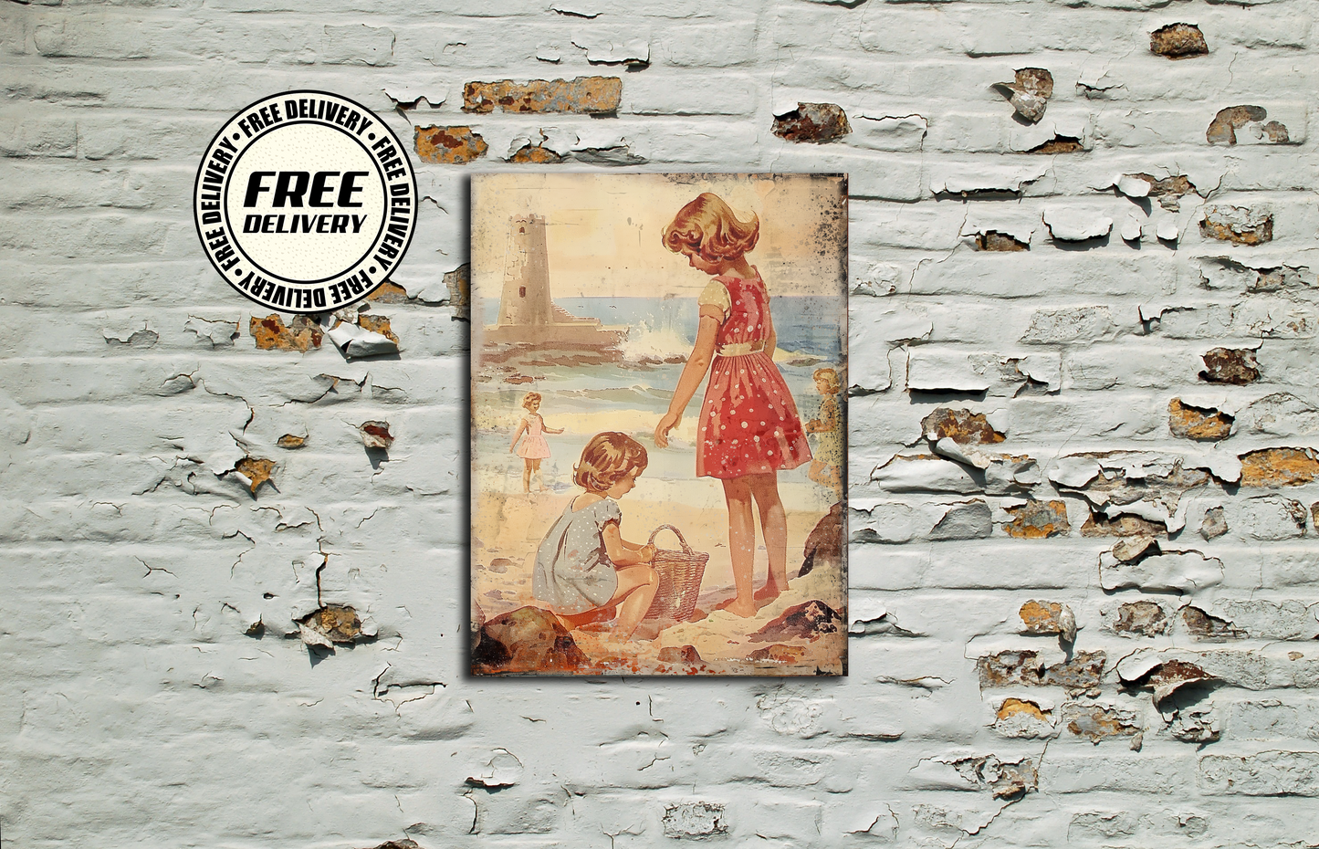 Kids On Beach Vintage Metal Sign, Plaque
