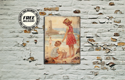 Kids On Beach Vintage Metal Sign, Plaque