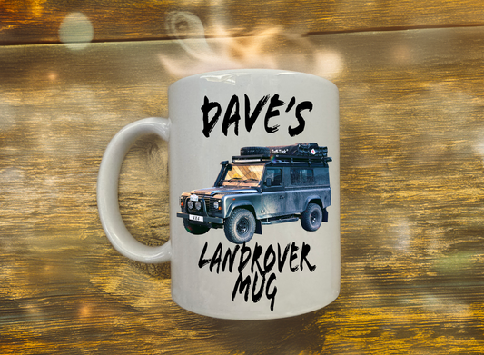 Mug with Land Rover design and 'Dave's Land Rover Mug' text 