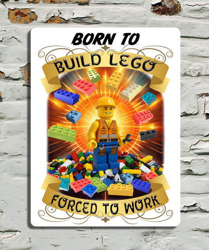 Poster with a Lego builder character surrounded by lego bricks on a textured wall background