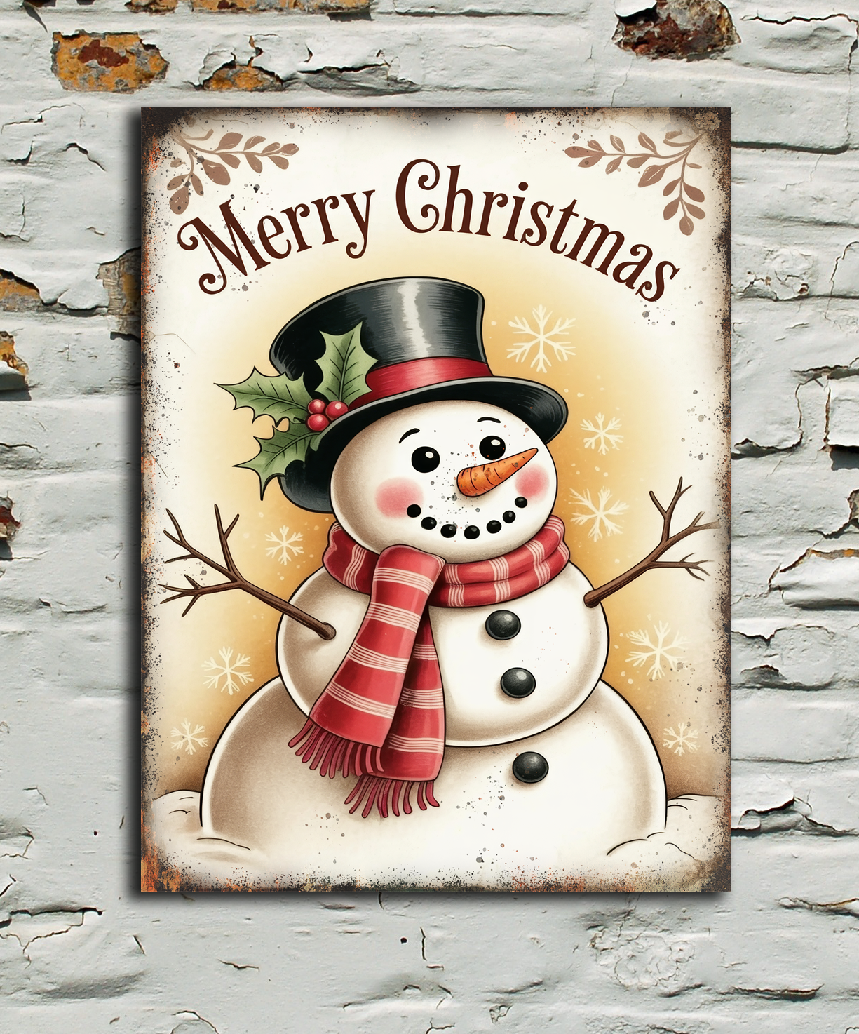 Vintage style metal sign with snowman Merry Christmas on wall