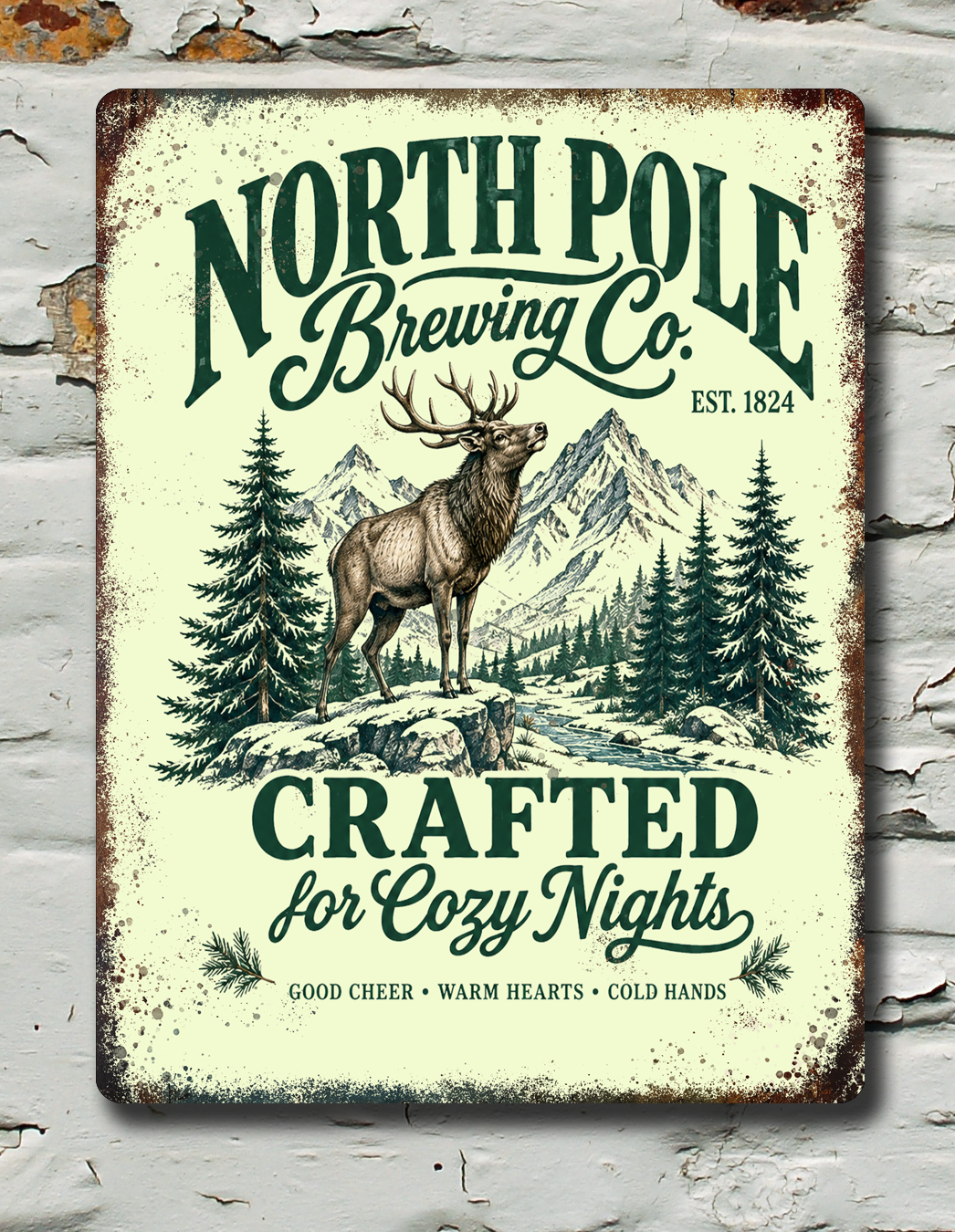 North Pole brewing co Christmas metal sign against a white brick wall