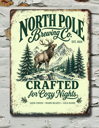 North Pole brewing co Christmas metal sign against a white brick wall