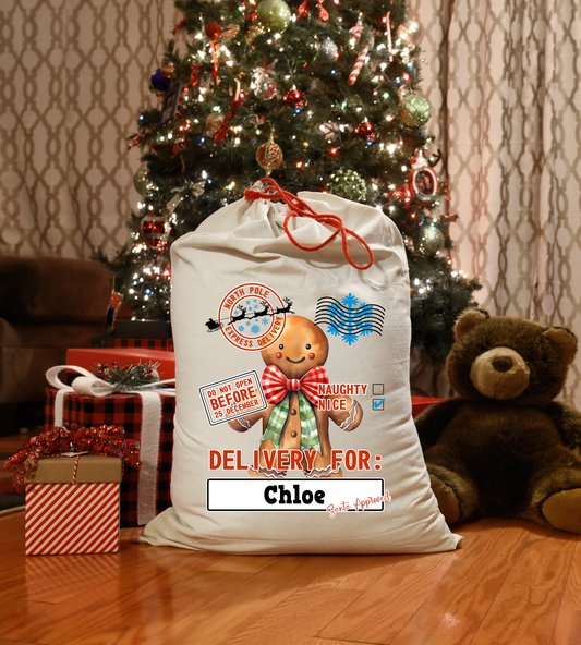 Personalised Name Christmas Sack Ginger Bread Man Xmas Gift Bag
