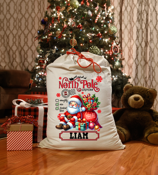 Personalised Name Christmas Sack North Pole Express Xmas Gift Bag