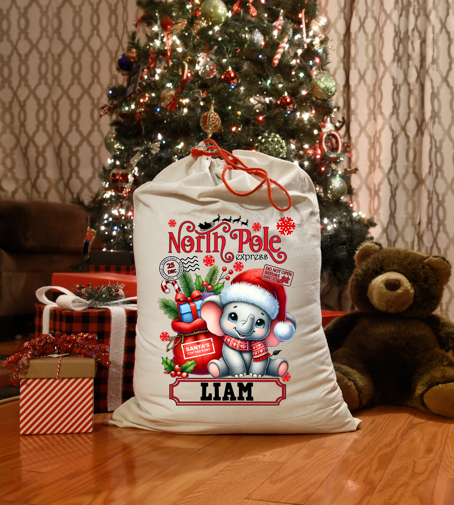 Personalised Name Christmas Sack North Pole Express Elephant Xmas Gift Bag