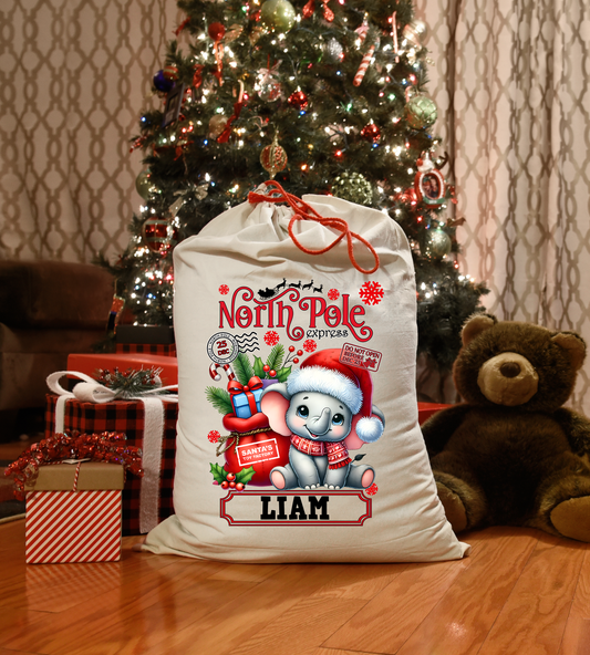 Personalised Name Christmas Sack North Pole Express Elephant Xmas Gift Bag