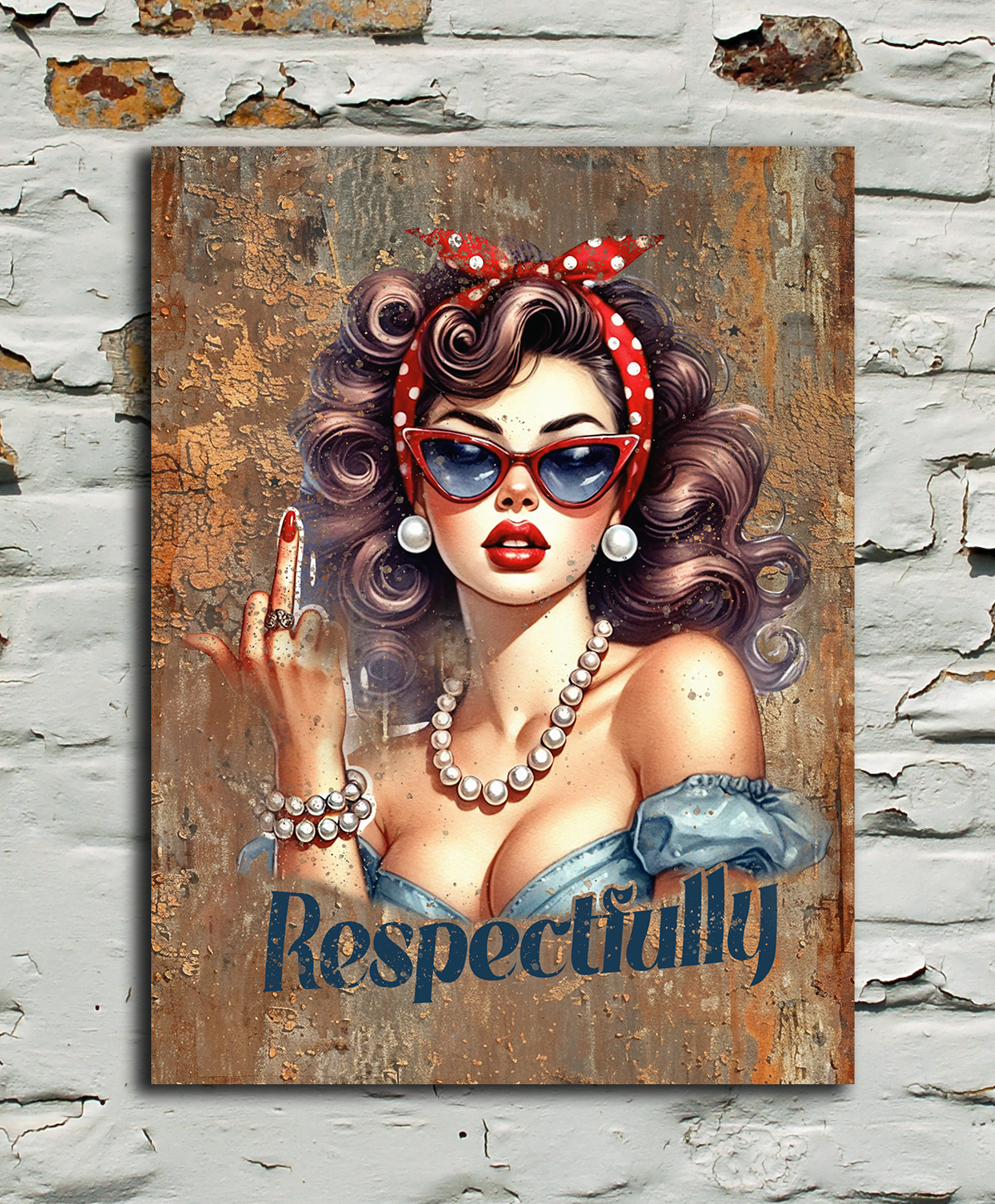 Vintage-style poster of a woman with text 'Respectfully' showing the finger on a textured wall.