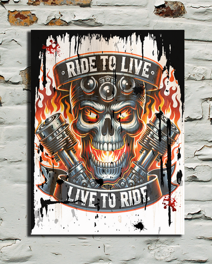 Poster with skull and motorcycle design on a textured wall