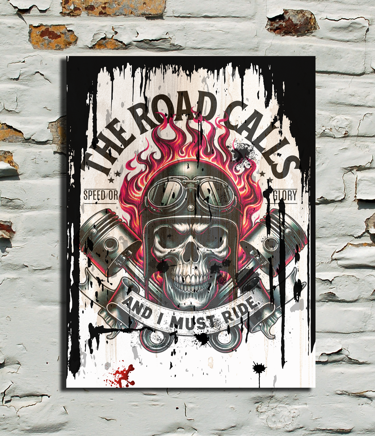 Poster with skull and motorcycle design on a textured wall
