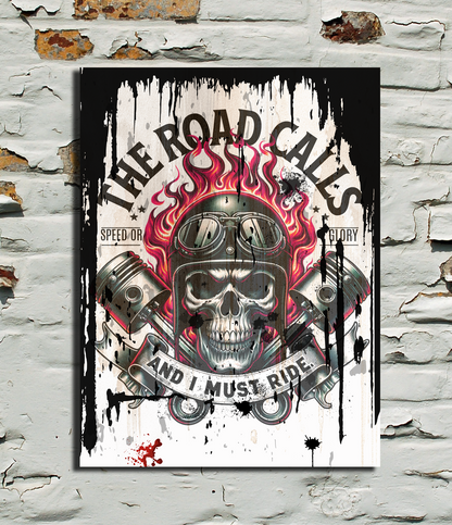 Poster with skull and motorcycle design on a textured wall