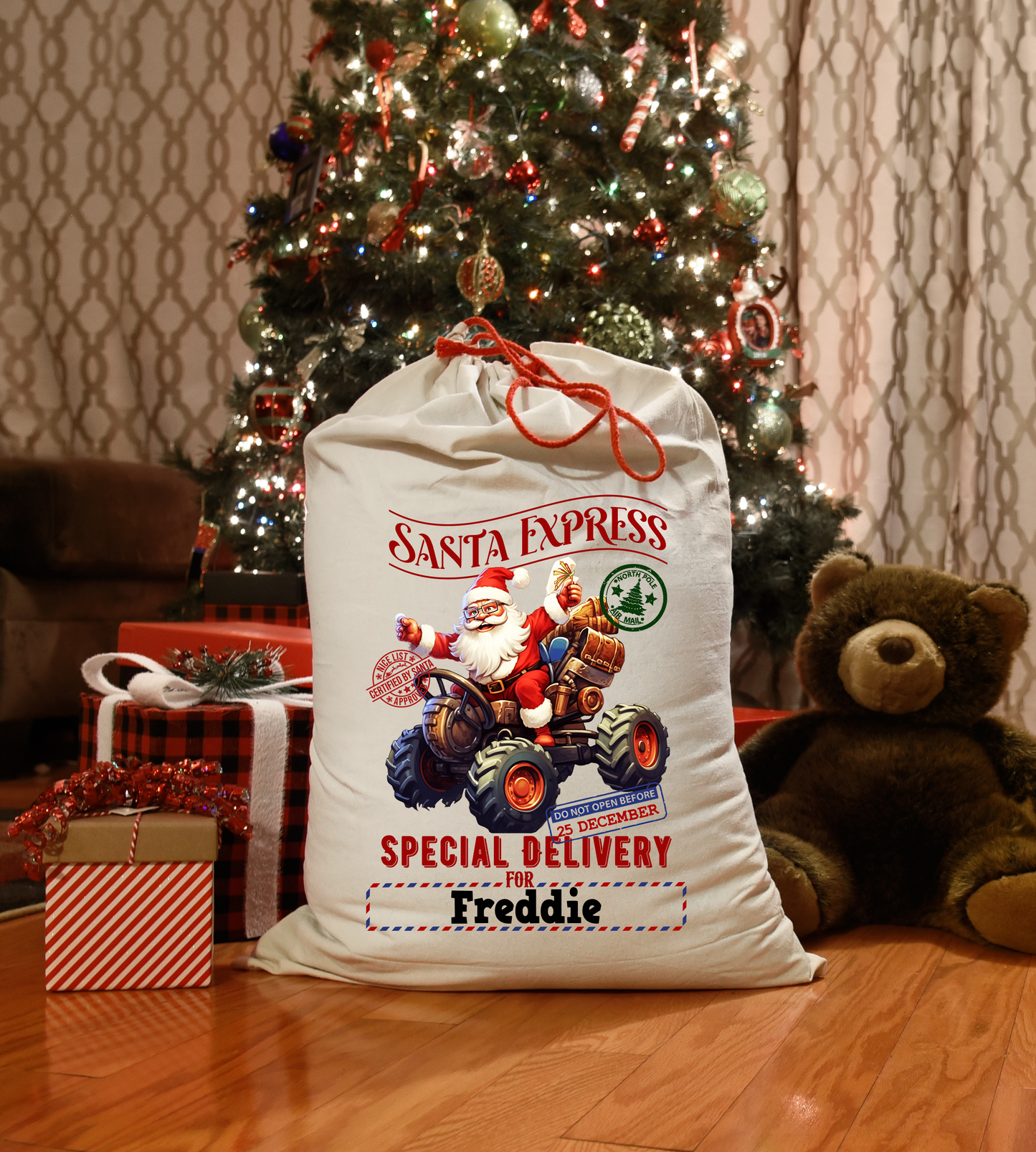 Personalised Name Christmas Sack Santa Express Xmas Gift Bag