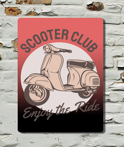 Scooter Club sign with a vintage scooter design on a textured wall background