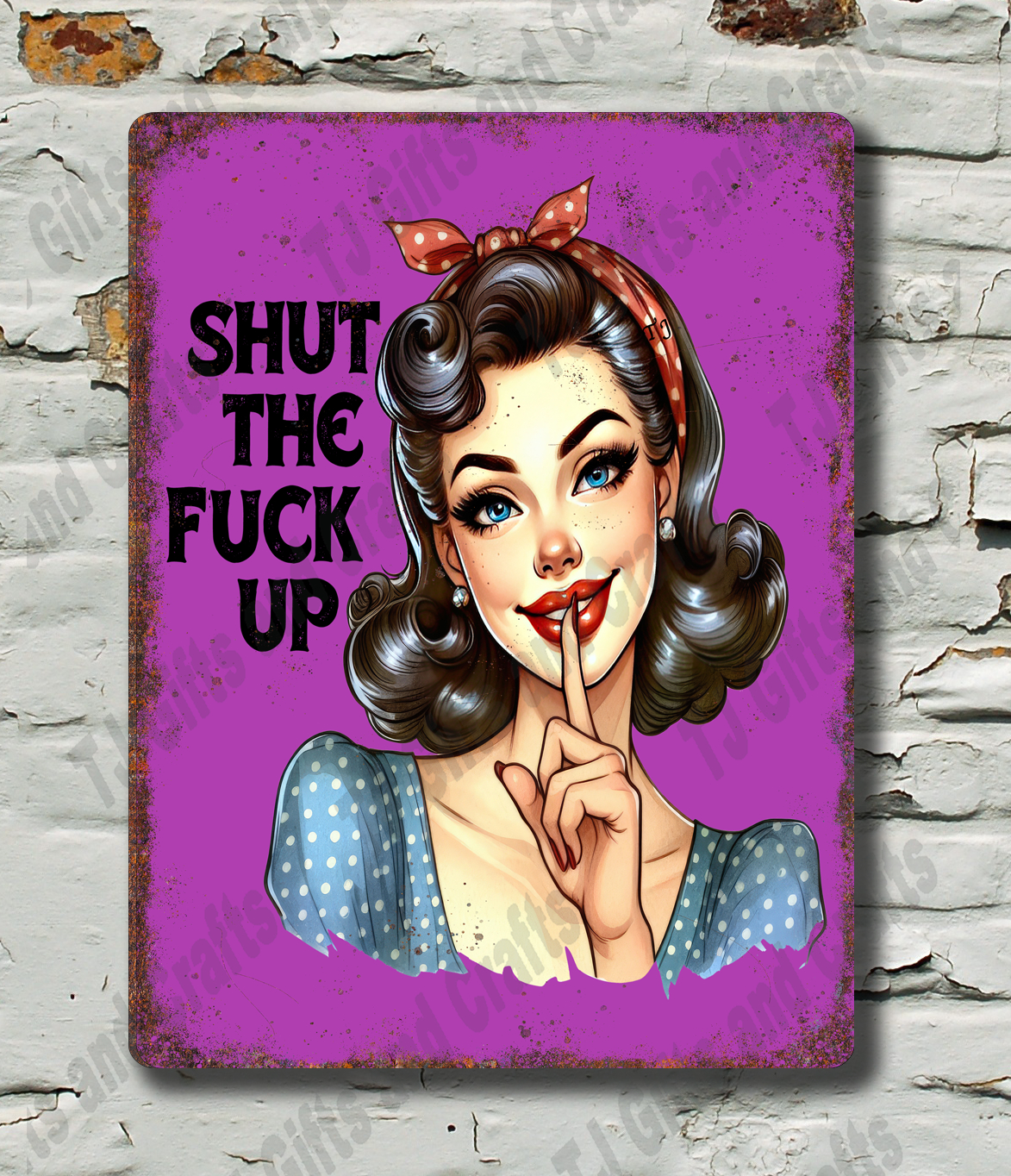 Vintage-style sign with a stylized woman's face and text on a textured wall background
