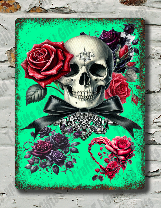 Decorative wall art with a skull and roses on a green background against a textured brick wall.