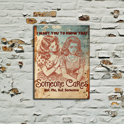 Vintage-style poster with two women on a textured brick wall.