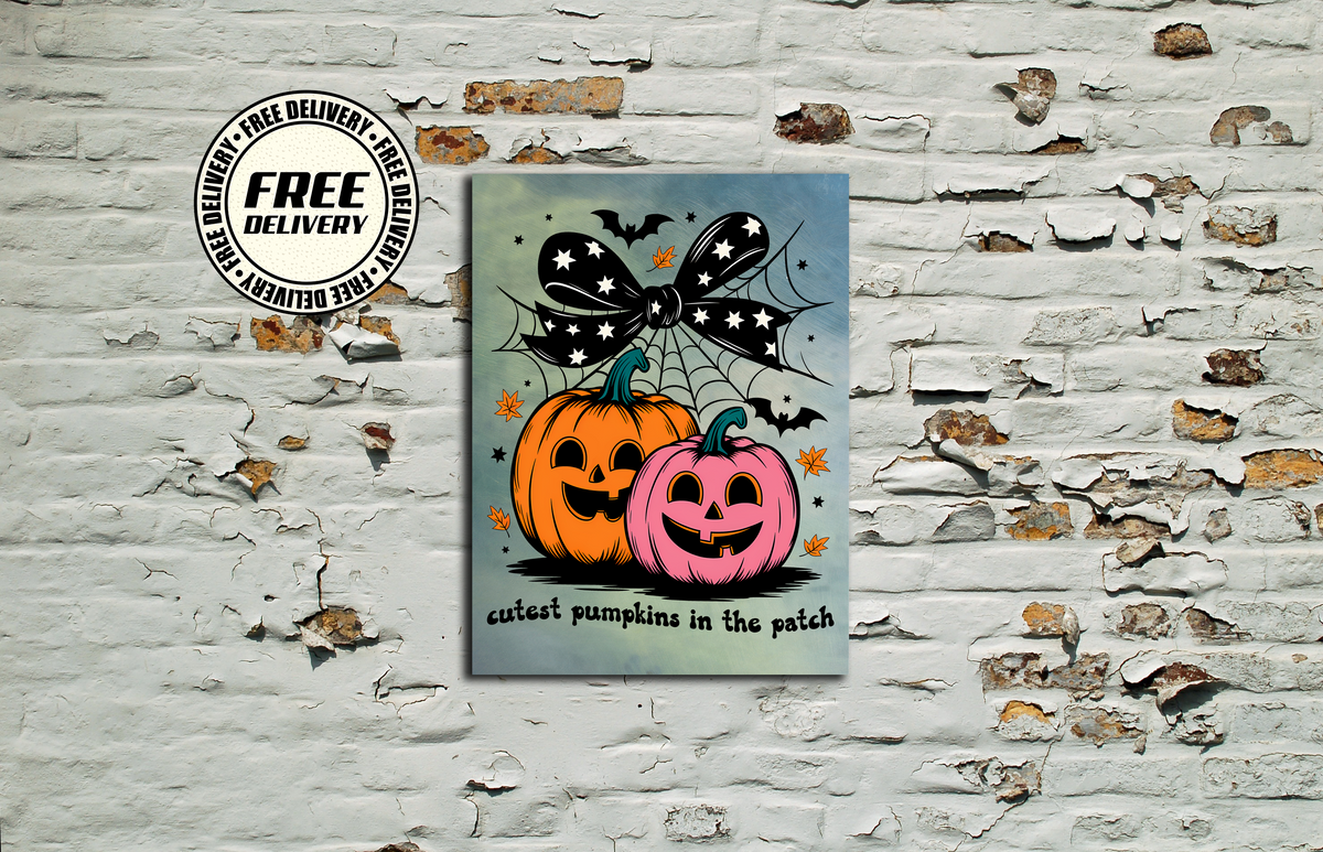 A square canvas print featuring two smiling jack-o'-lantern pumpkins, one orange and one pink, under a black spiderweb and bow. The text 'cutest pumpkins in the patch' is written at the bottom.