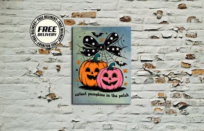A square canvas print featuring two smiling jack-o'-lantern pumpkins, one orange and one pink, under a black spiderweb and bow. The text 'cutest pumpkins in the patch' is written at the bottom.