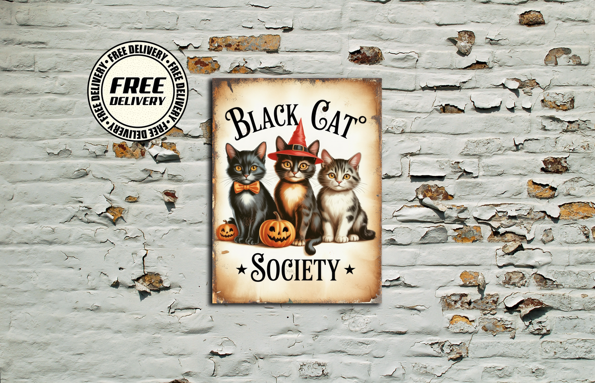 Black Cat Society Halloween Metal Sign Plaque