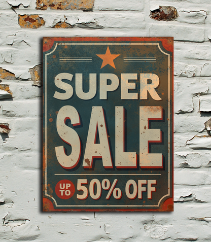 Vintage-style 'Super Sale' sign on a textured wall