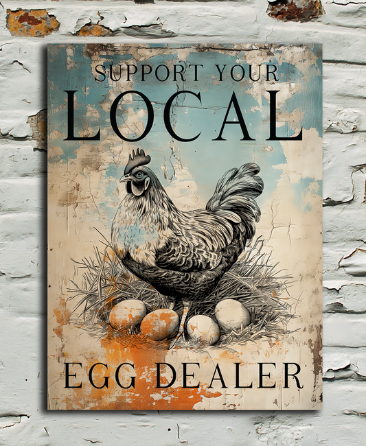 A rectangular vintage-style poster or sign featuring a rooster and eggs with the text 'SUPPORT YOUR LOCAL EGG DEALER,' displayed against a distressed white brick wall.