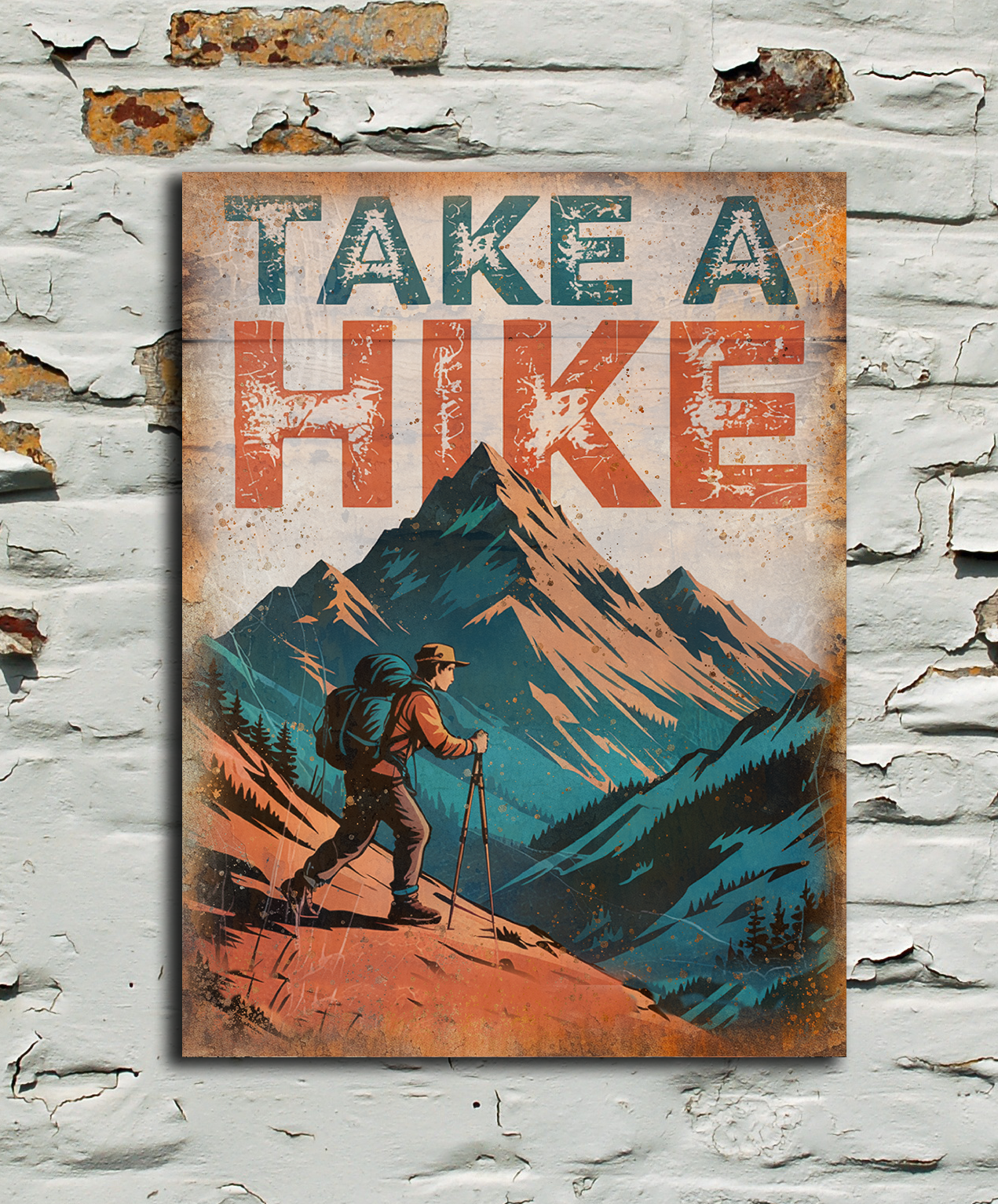 Poster with 'Take a Hike' text on a textured wall